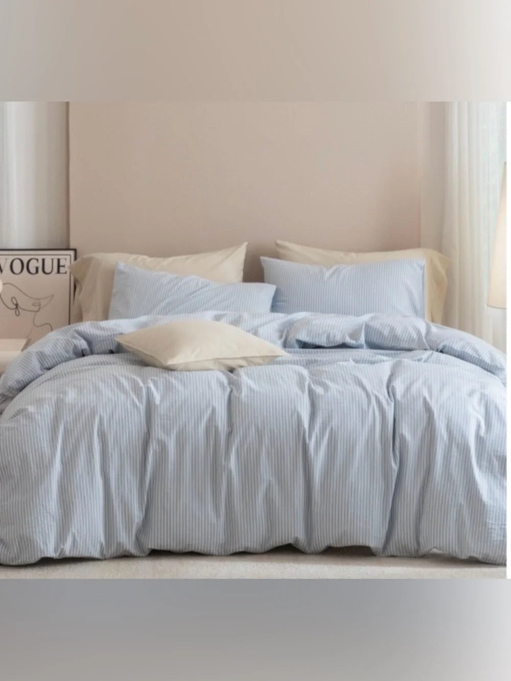 FULL DUVET Set 100% Washed Cotton Linen-Like Pinstripe Cornflower Blue/White
